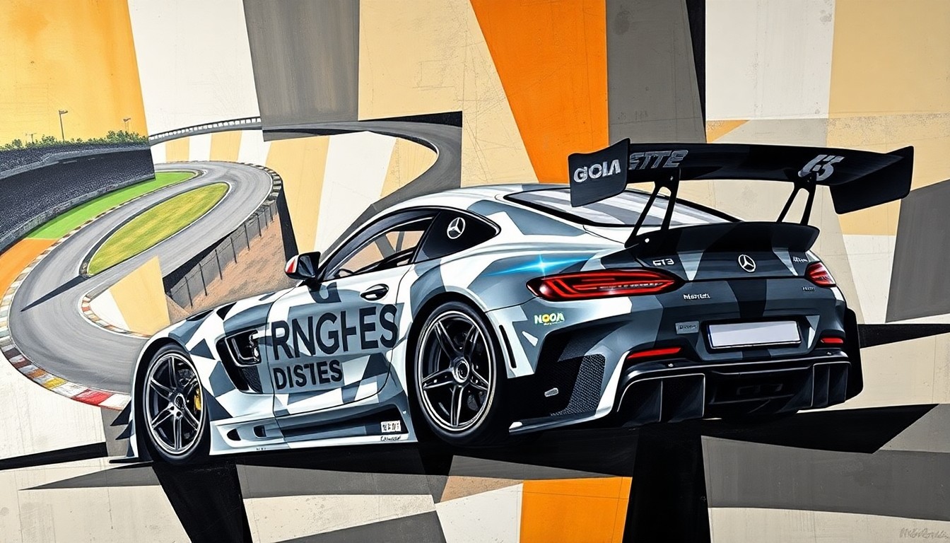 A fractured, geometric painting in the style of Pablo Picasso, depicting the silhouette of a race car and the winding layout of a racetrack, broken down into sharp, overlapping planes of color and form, conveying the intensity and complexity of the motorsports event.