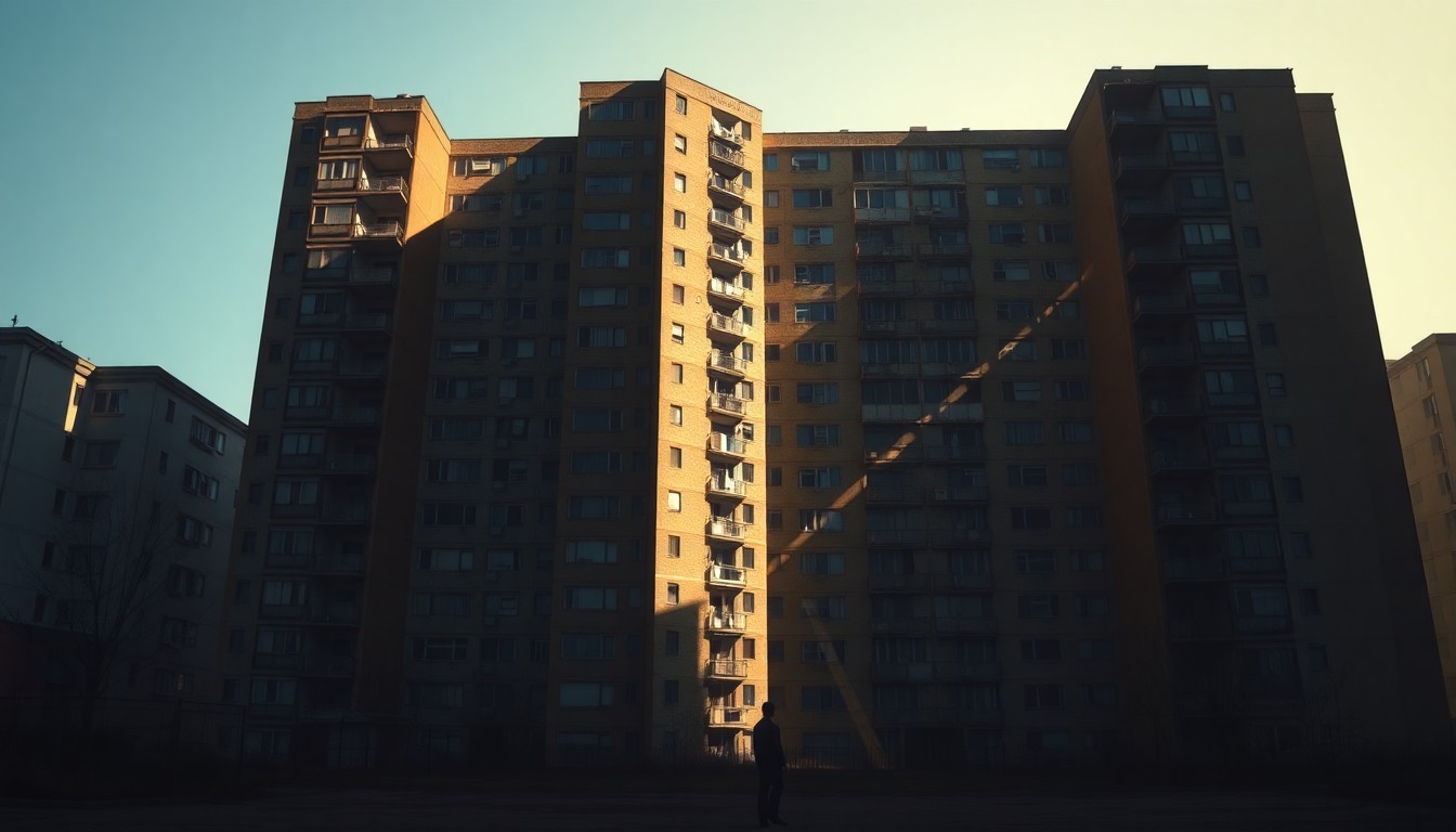 A cinematic painting depicting an old, run-down public housing high-rise building in warm, golden light, with a lone figure standing in the foreground, conveying a sense of isolation and uncertainty.