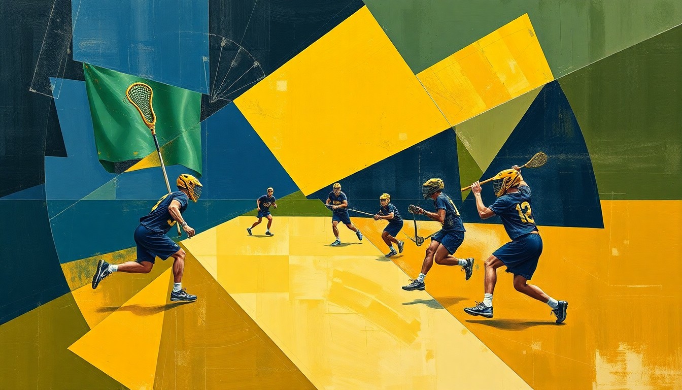 A fractured, cubist-style painting depicting a lacrosse game, with the players and field broken down into sharp, overlapping geometric shapes in shades of navy blue, gold, and olive green.