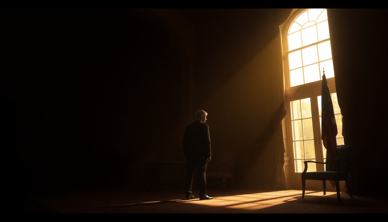 A moody, cinematic painting depicting a lone figure standing in a shadowy political office, the warm light casting dramatic shadows and creating a palpable sense of tension and uncertainty.