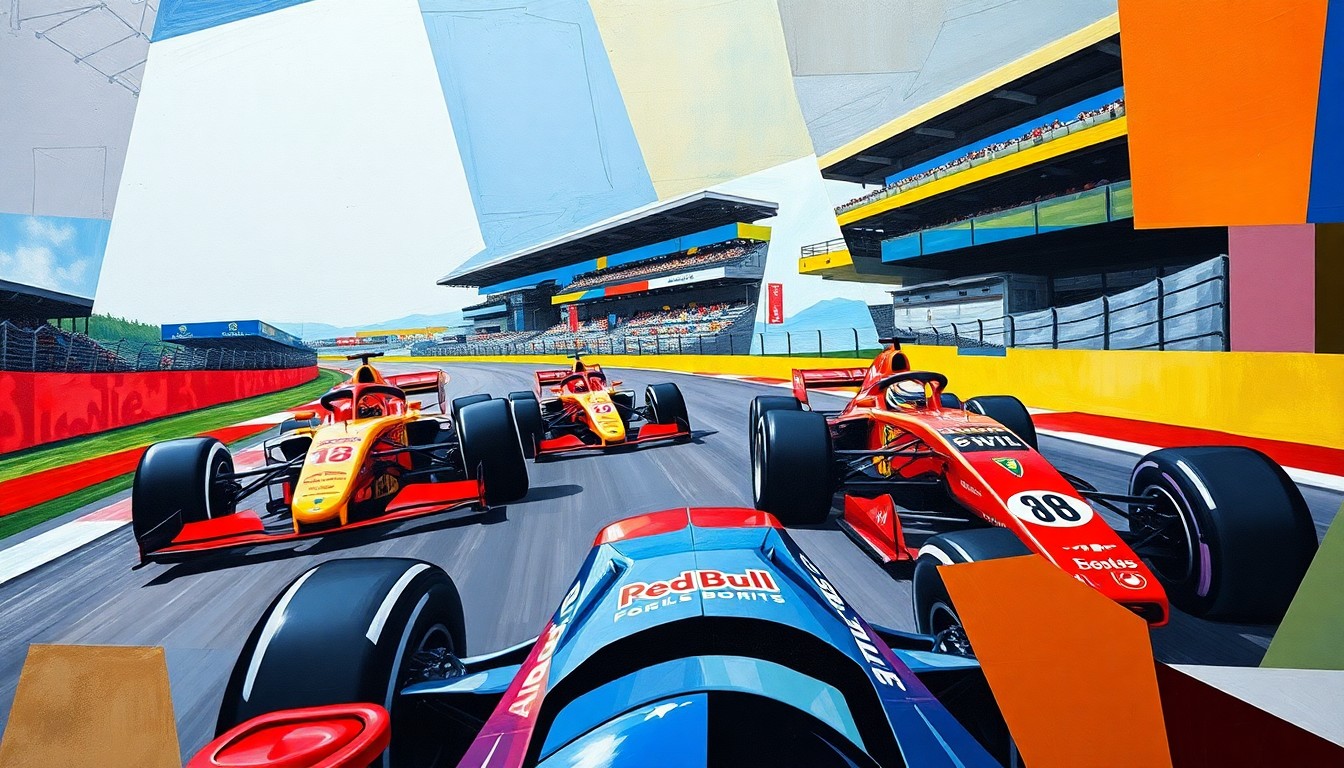 A fractured, multi-perspective painting depicting a Formula 1 race scene, with cars, drivers, and the track broken down into sharp, overlapping geometric shapes and planes in a vibrant, cubist style.