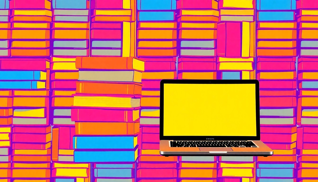 A bold, colorful silkscreen-style illustration featuring a repeating grid of textbooks and a laptop computer, conceptually representing the integration of AI technology into the academic landscape and the resulting impact on intellectual diversity.