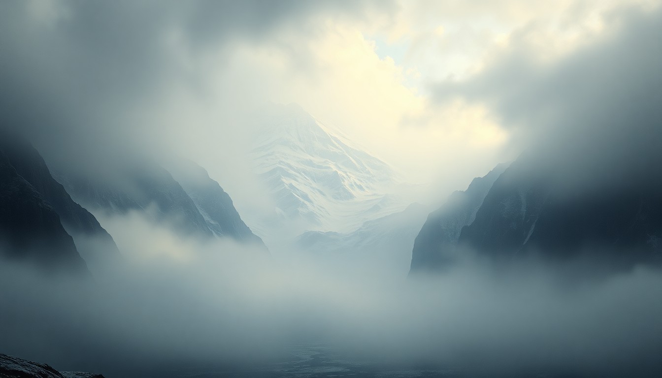 A vast, atmospheric landscape painting in muted tones of gray, blue, and white, depicting a snow-capped mountain range partially obscured by heavy fog, conveying a sense of the overwhelming scale and power of the natural world.