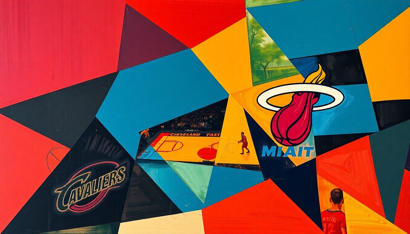 A cubist, geometric painting depicting a basketball game in motion, with overlapping shapes and planes of color representing the energy and intensity of the players on the court.