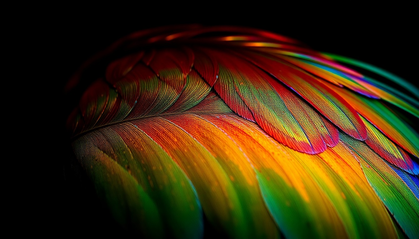 An extreme close-up of a shimmering, iridescent parrot feather in dramatic studio lighting, capturing the vibrant colors and luxurious textures of the bird's plumage.