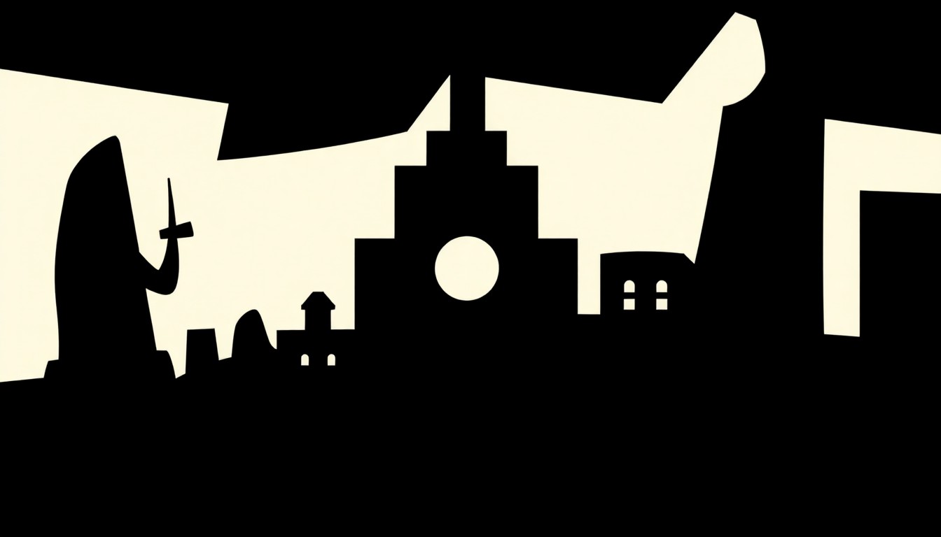 An abstract, minimalist illustration in the style of Saul Bass, featuring stark black silhouettes of various theatrical elements arranged in a dynamic, geometric composition, conceptually representing the impact of a community-focused theater on the broader theater world.