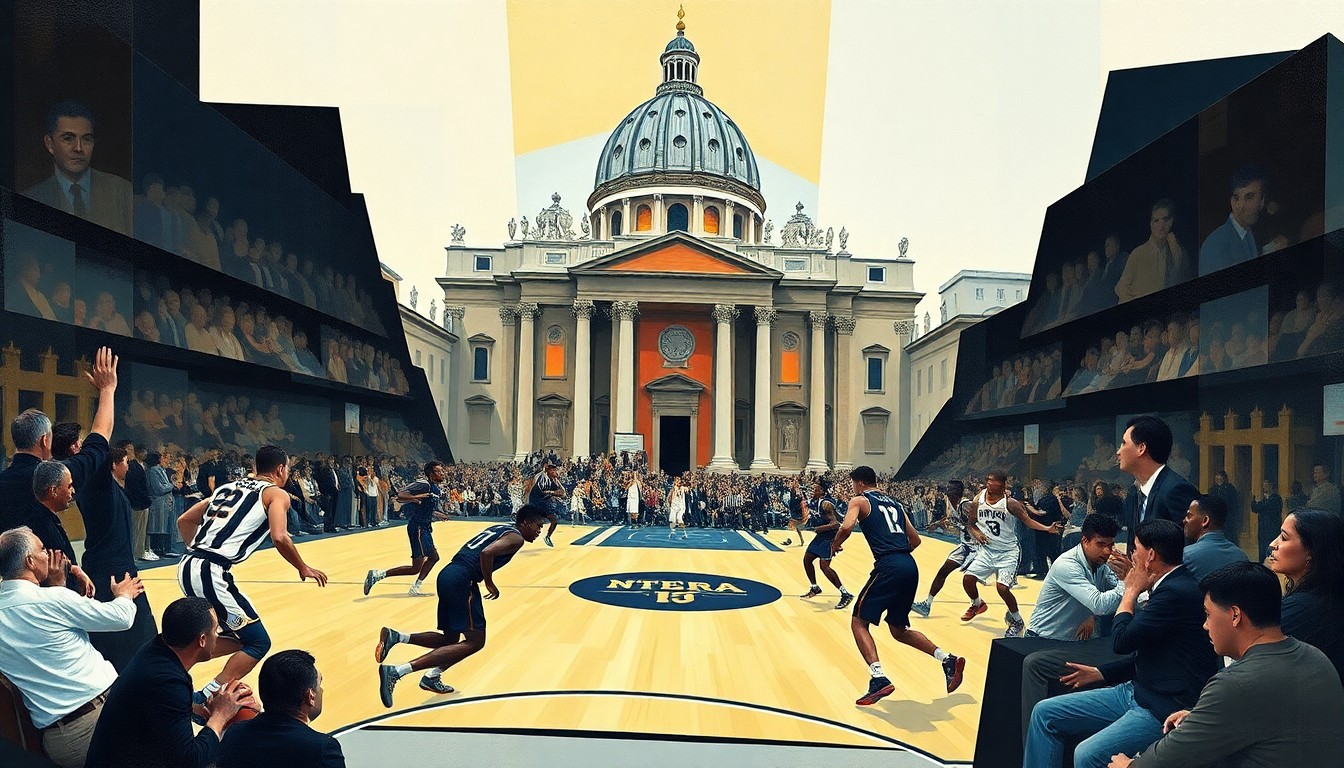 A cubist-style painting depicting a college basketball game between Villanova and Notre Dame, with the players' movements and the energy of the game captured through sharp, overlapping geometric planes. The iconic dome of St. Peter's Basilica is visible in the background, conceptually representing the global significance of the event.