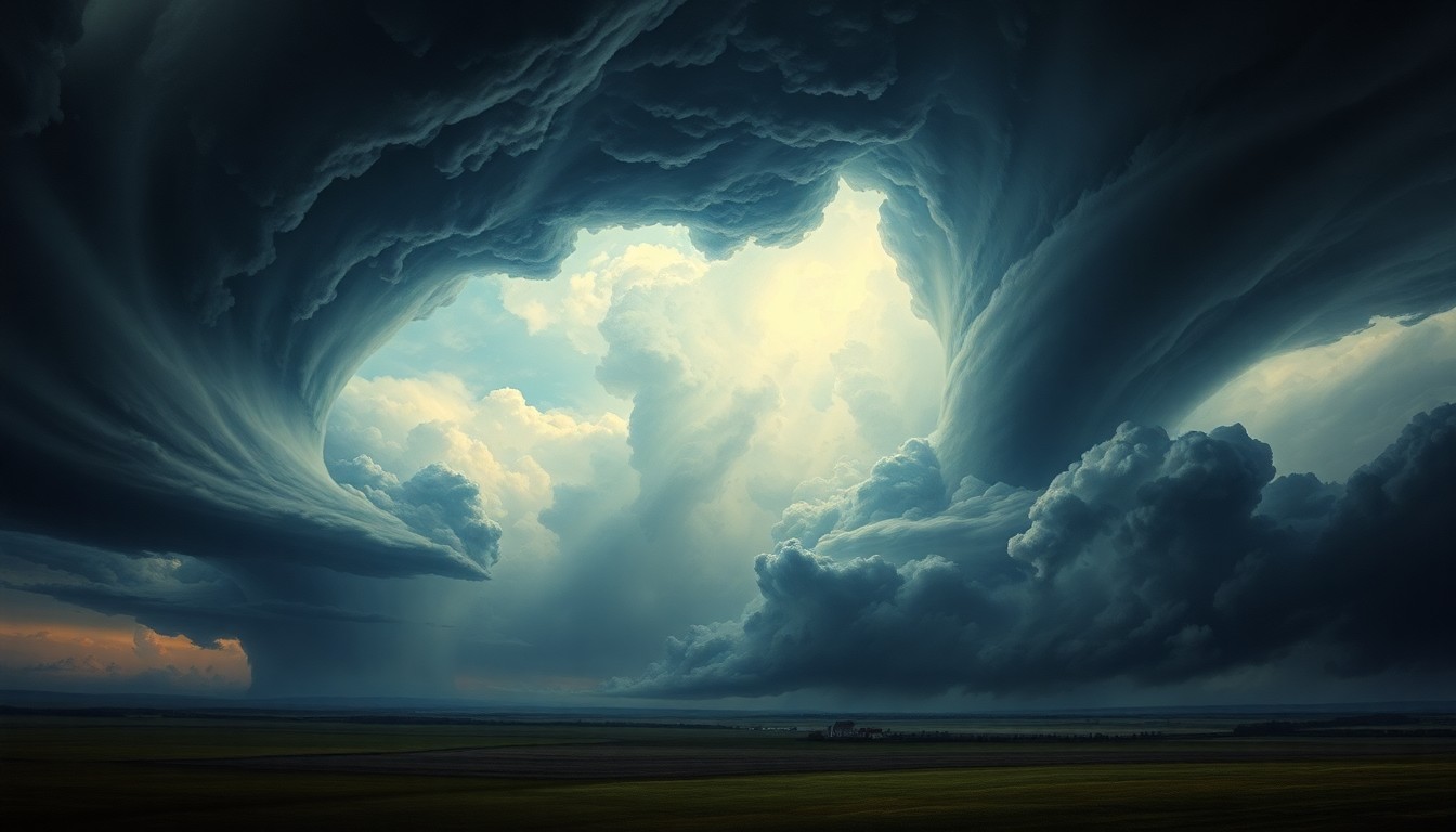 A sweeping, atmospheric landscape painting depicting a massive, swirling supercell thunderstorm dominating the horizon, with the scale and power of the natural phenomenon dwarfing any physical structures or objects in the scene.