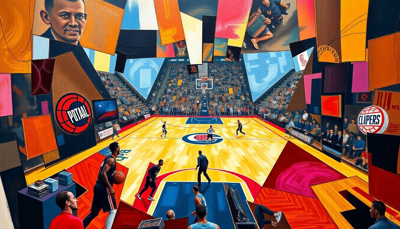 A cubist, geometric painting depicting a basketball game in motion, with sharp, overlapping planes of color representing the players, court, and ball, conveying the intensity and drama of the high-stakes matchup.