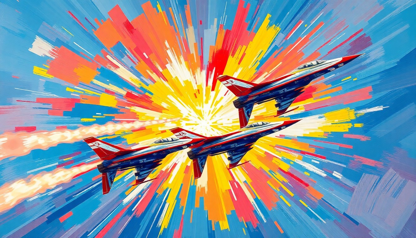 An abstract, expressionist painting in vibrant neon colors, capturing the dynamic aerial movements and energy of the U.S. Air Force Thunderbirds performing at an air show.