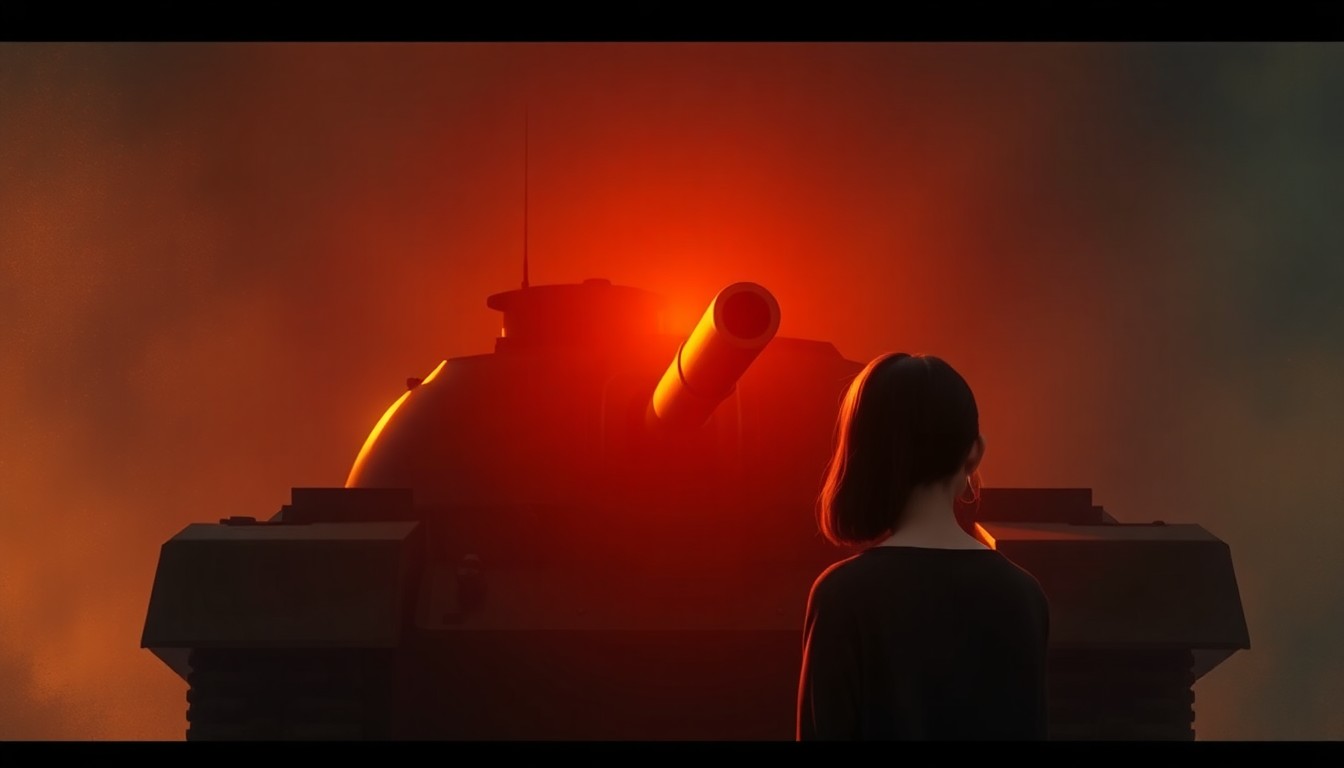 A photorealistic painting in the style of Edward Hopper, depicting a North Korean military tank in a dimly lit, urban setting, with the young woman's face obscured in shadow, conveying a sense of mystery and speculation about the future of the regime.