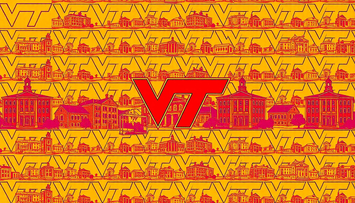 A vibrant, high-contrast silkscreen print featuring a repeated image of the Virginia Tech logo or an iconic campus building, rendered in a bold, neon color palette that captures the university's dynamic evolution under President Tim Sands' leadership.