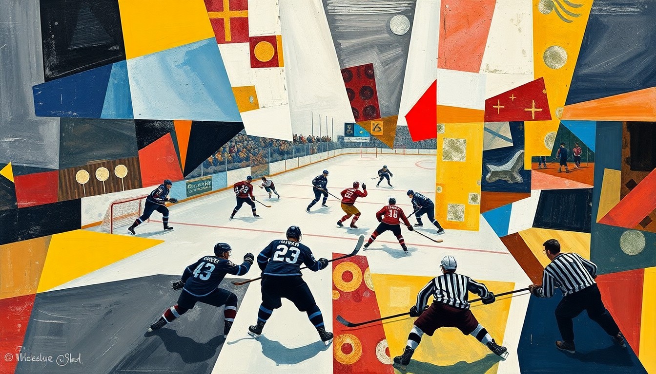 A cubist, geometric painting depicting a PWHL hockey game, with players and the action broken down into abstract shapes and planes of color, capturing the strategic maneuvering of teams at the trade deadline.