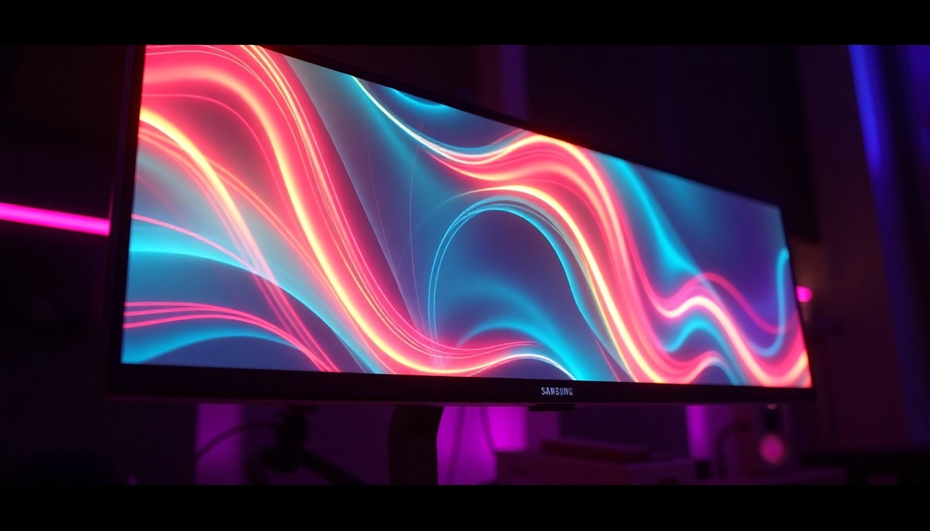 A highly detailed, glowing 3D macro illustration of a futuristic gaming monitor with neon cyan and magenta lights, conceptually representing the advanced display technology and high-performance capabilities of Samsung's new Odyssey lineup.