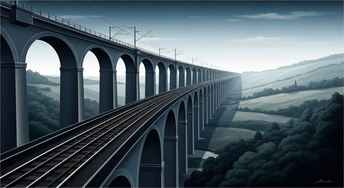 A highly stylized, geometric illustration depicting the sweeping curves and towering arches of a railway viaduct, rendered in a bold, Art Deco-inspired visual style using a palette of deep blues, greys, and metallic accents to convey the grand scale and engineering complexity of this critical transportation asset.