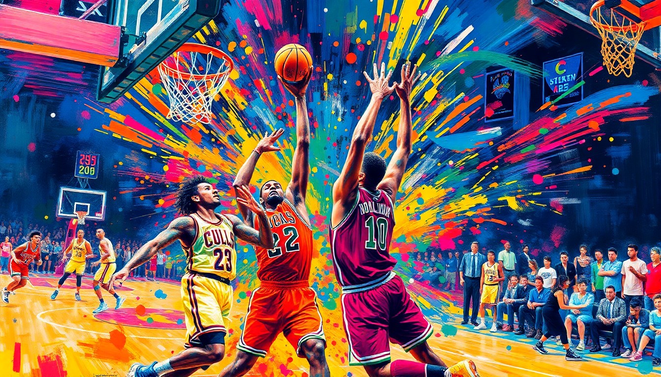 An abstract, expressionist painting in neon colors depicting the dynamic movements and energy of a basketball game, with players' forms dissolving into vibrant brushstrokes.