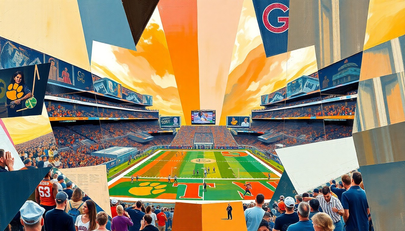 A cubist-style painting depicting a college football game, with the players and field broken down into sharp, overlapping geometric shapes and planes, conveying the conceptual energy and unpredictability of the upcoming matchup.