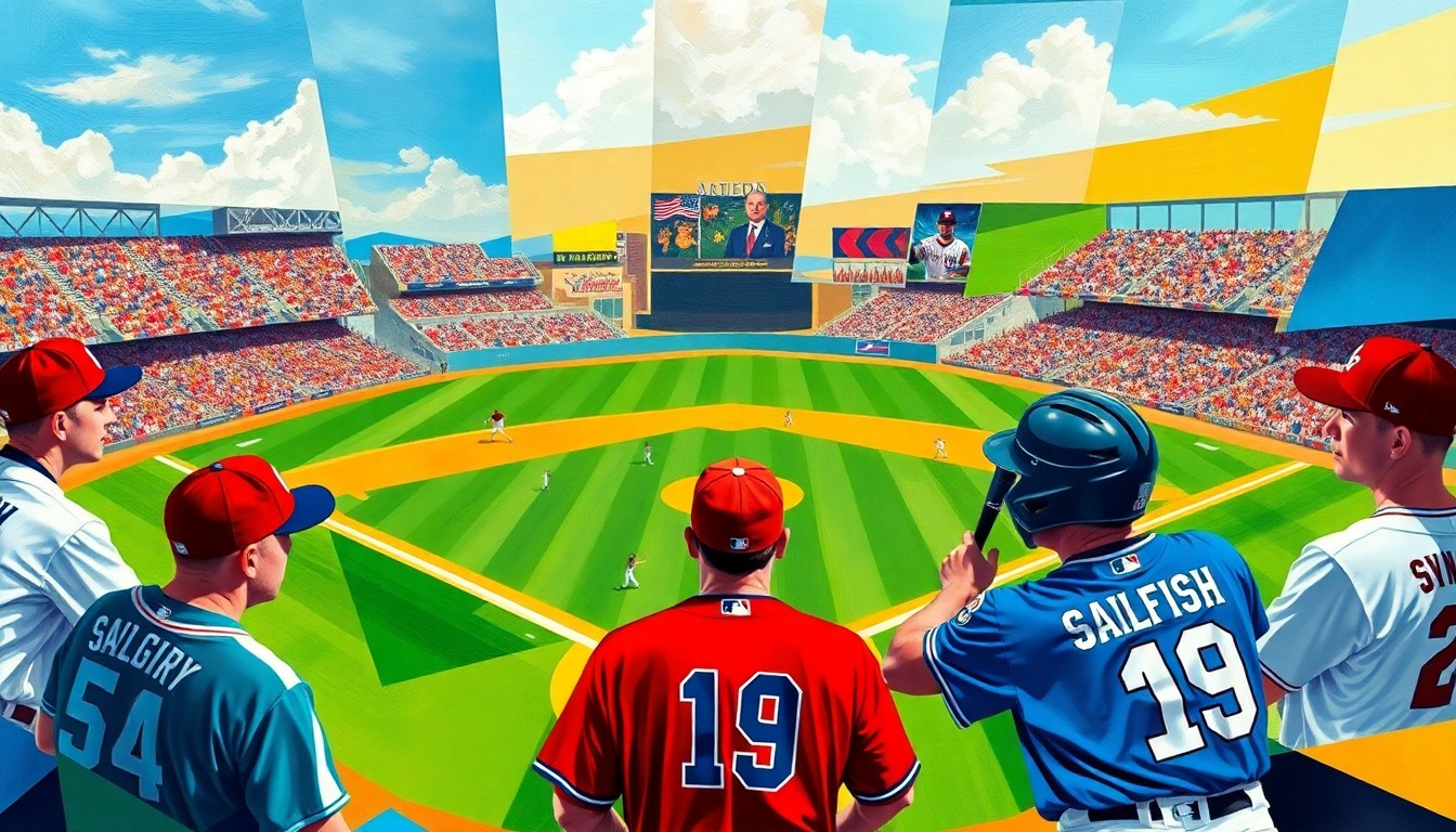 A fractured, geometric painting in bright colors representing the action and energy of a college baseball game between two rival teams.