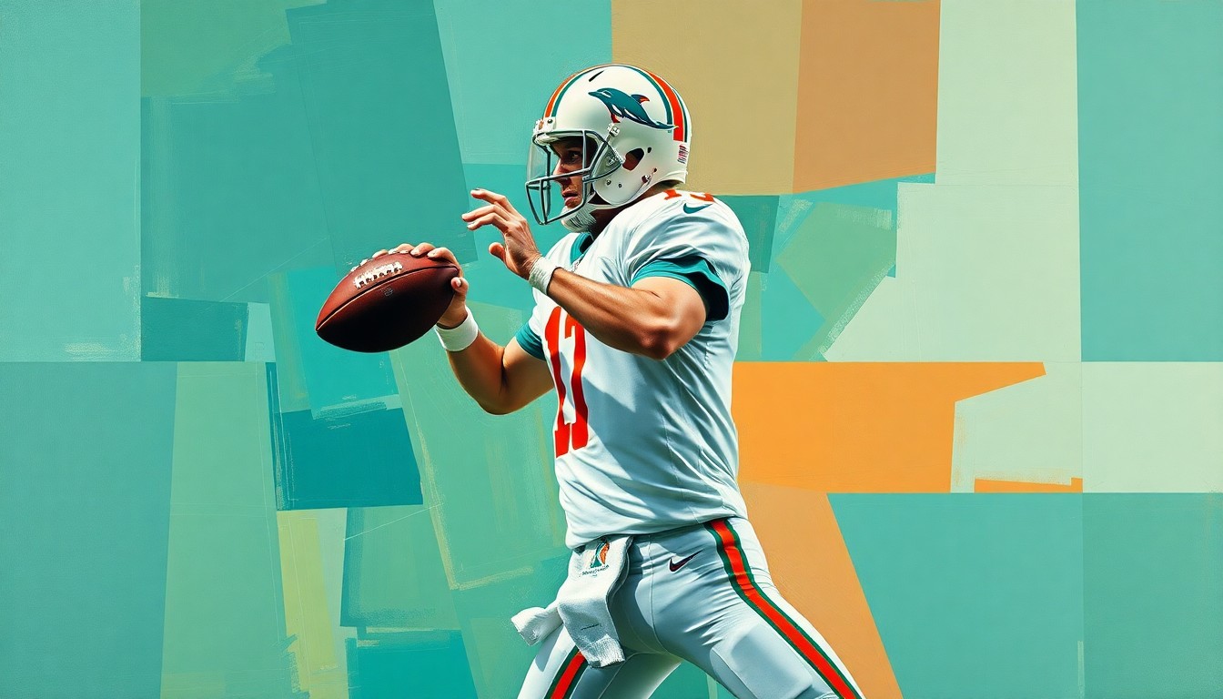 A cubist, geometric painting depicting a Miami Dolphins quarterback dropping back to pass, with the player's form broken down into sharp, overlapping planes of color and shape.