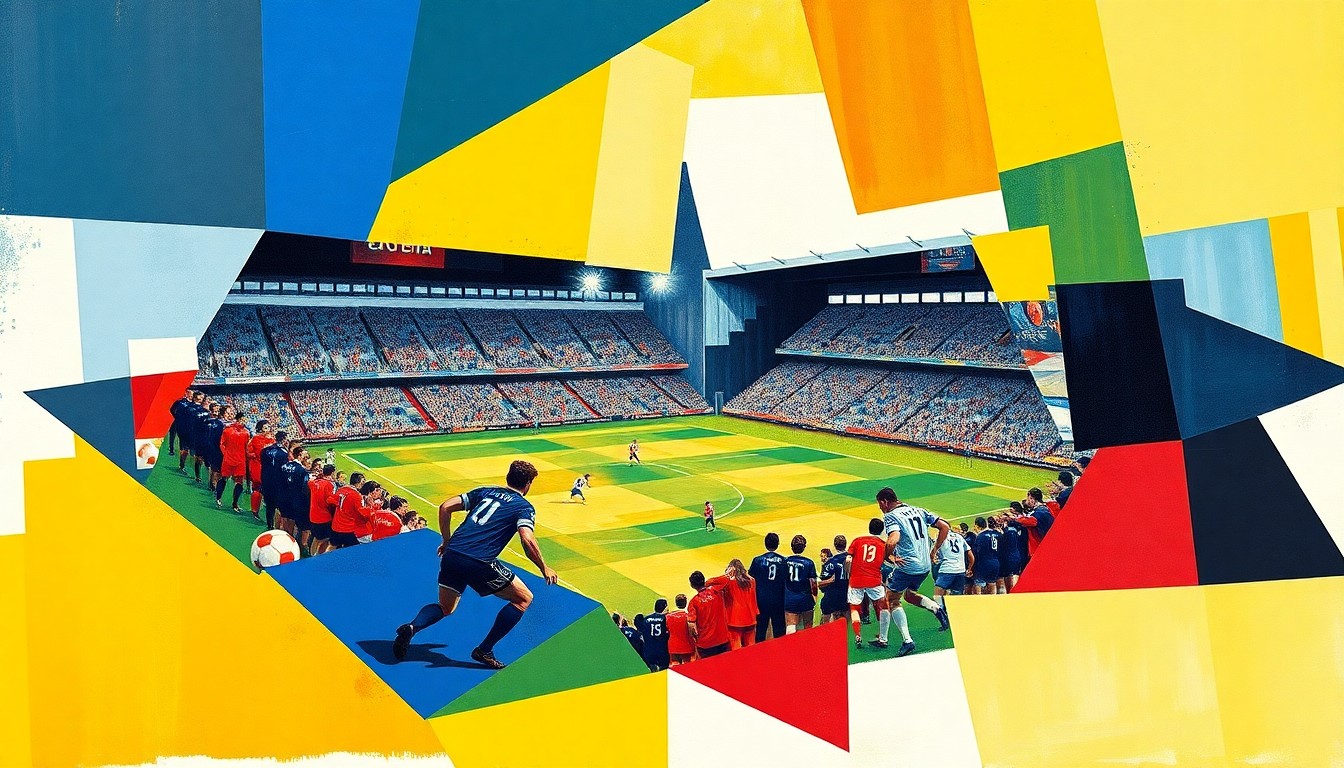 A cubist, geometric painting depicting a football match between two teams, with sharp, overlapping planes of color representing the action on the field.