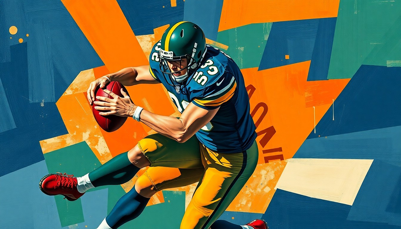 A fragmented, cubist-style painting depicting a football player in mid-sack motion, with their body broken down into sharp, overlapping geometric shapes in a palette of navy, green, and orange, conceptually representing the aggressive, high-stakes nature of a potential blockbuster trade.
