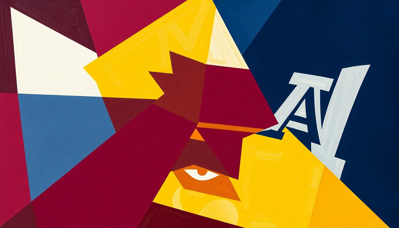 A cubist-style painting featuring sharp, overlapping geometric shapes in the team colors of the competing colleges, conveying the dynamic action and competition of a college softball game.