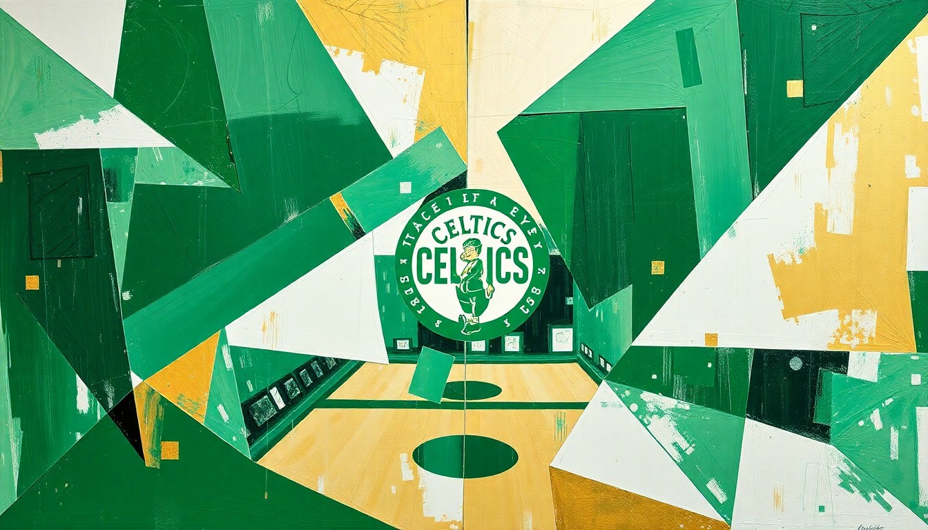 A cubist, geometric painting depicting a fragmented, multi-angled view of a basketball game, with sharp planes of green, white, and gold representing the dynamic action on the court.