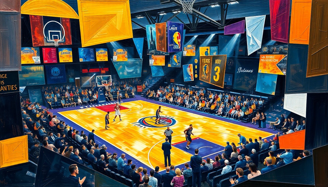 A fragmented, geometric painting depicting the action and tension of a basketball game, with players and the court rendered in sharp, overlapping shapes and planes of color.