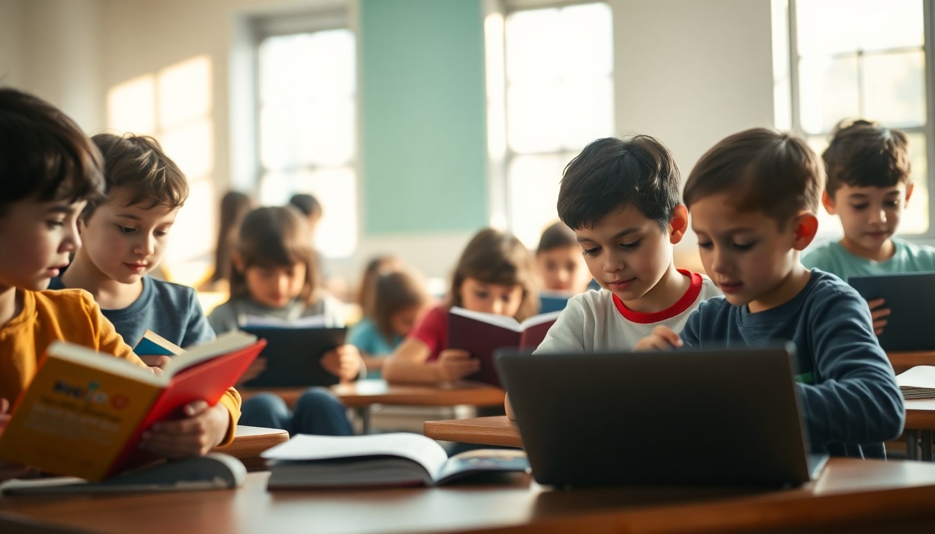 An abstract, out-of-focus photograph depicting the warm, intimate atmosphere of an elementary school classroom, with a diverse group of students engaged in reading and learning activities.