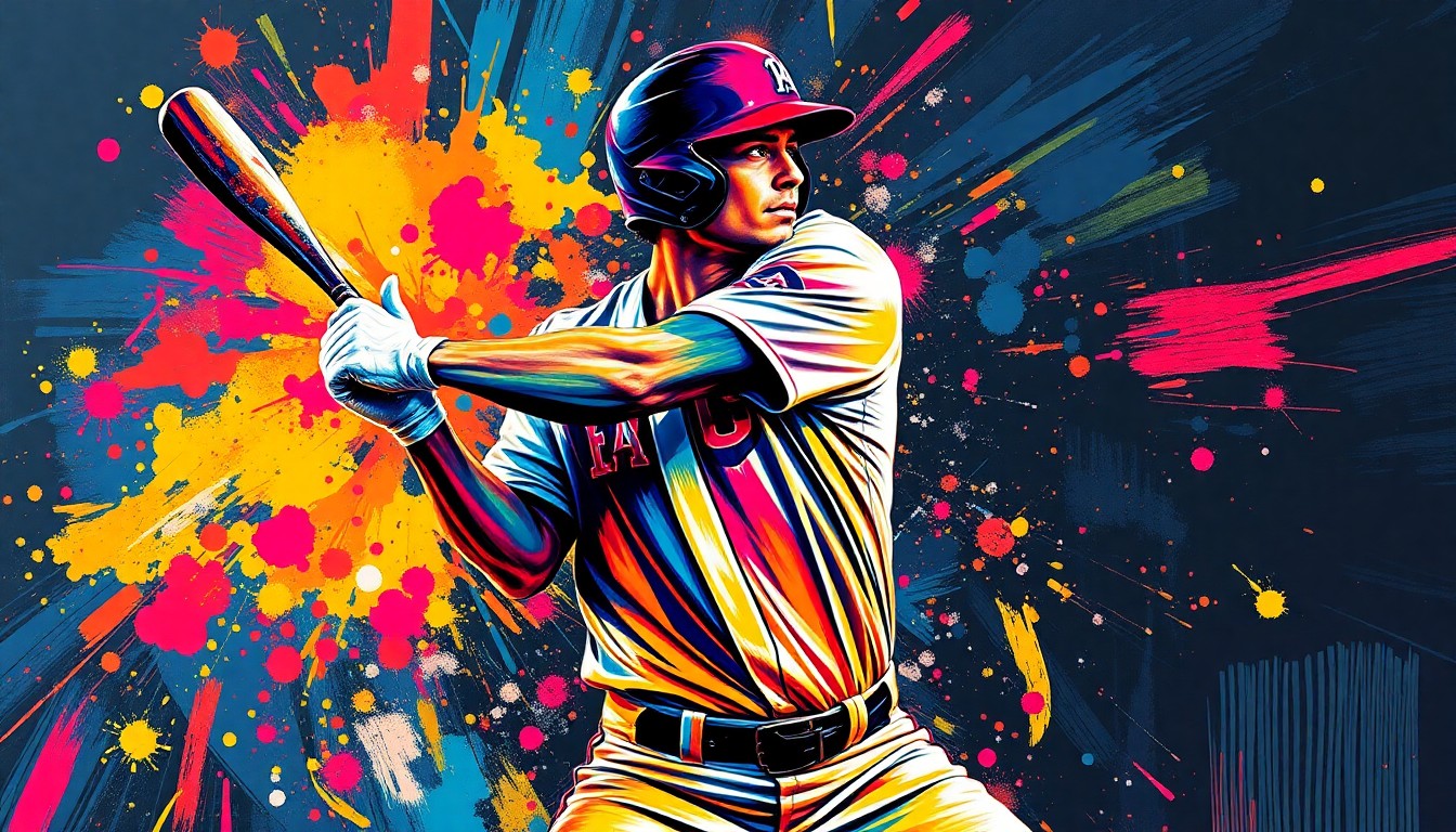 An abstract, expressionist painting in vibrant neon colors depicting the powerful swing and motion of a baseball player, with no identifiable faces or logos, conveying the intense emotion and energy of a dramatic comeback victory.