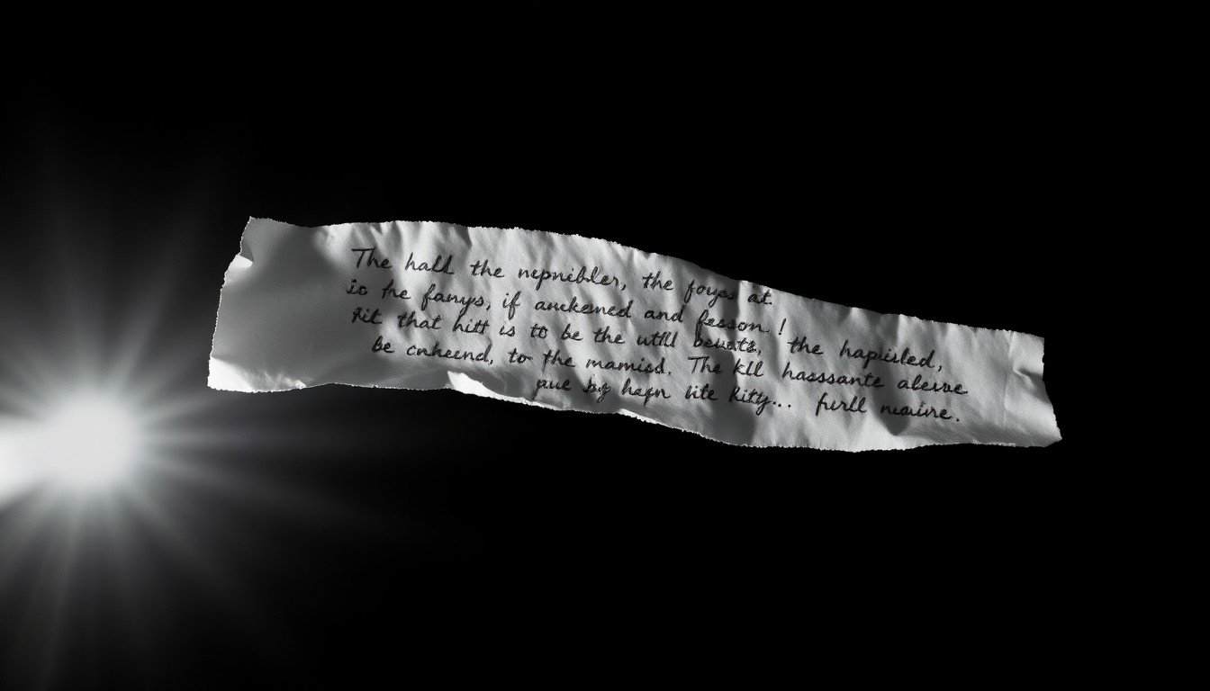 An extreme close-up photograph of a crumpled, torn piece of paper with handwritten notes, lit by a harsh, direct camera flash against a pitch-black background, conceptually representing the fragility of public image and the complexities of personal struggles in the spotlight.