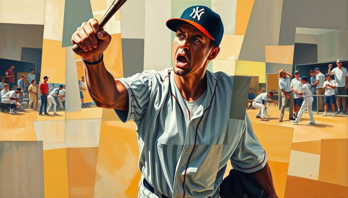 A cubist-style painting depicting a baseball player's body and actions broken down into sharp, overlapping geometric shapes and planes, conveying a sense of frustration and the pressures of a difficult season.