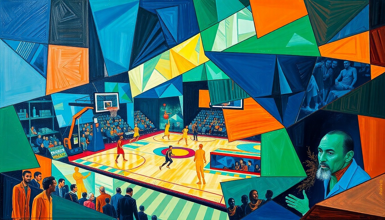 A cubist, geometric painting depicting a basketball game in motion, with players and the court broken down into sharp, overlapping planes of color, creating a dynamic and fragmented visual representation of the sport.
