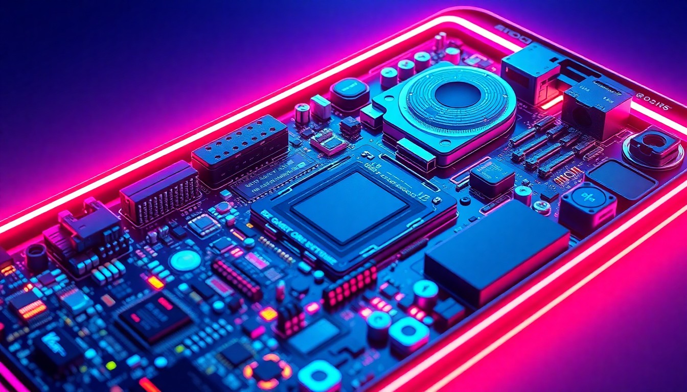 A highly detailed, glowing 3D macro illustration of the internal hardware components of a smartphone, including circuit boards, processors, and cooling systems, illuminated by neon cyan and magenta lights, conceptually representing the advanced technology powering Xiaomi's latest flagship device.