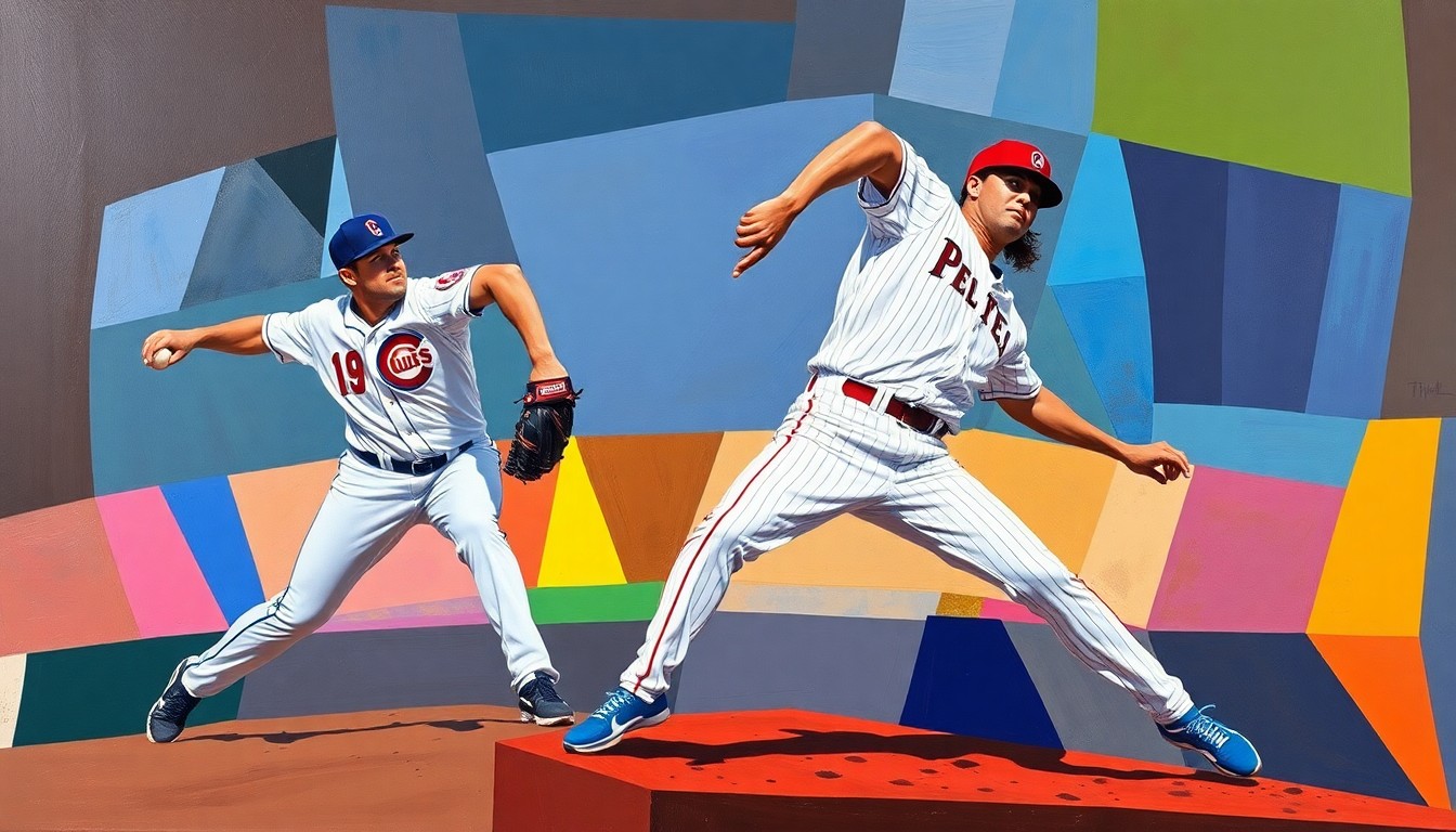 A cubist-style painting depicting the fractured, multi-angled motion of a pitcher delivering a pitch, with the batter's silhouette in the foreground, all rendered in a vibrant color palette evoking the uniforms of the teams involved.