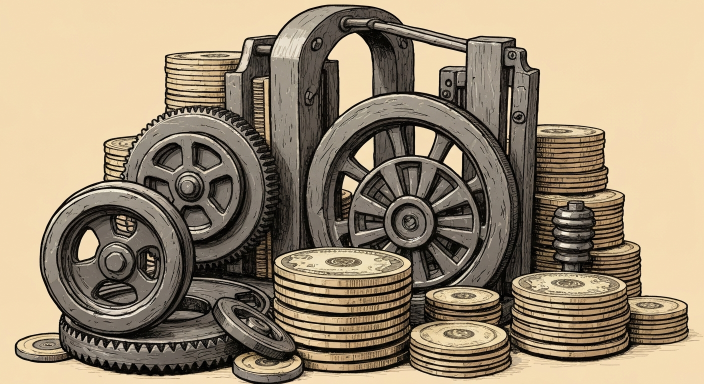 An extreme close-up of gears, levers, and other industrial banking machinery, conceptually representing the complex mechanics of the retirement system and the tension between liquidity and long-term security.