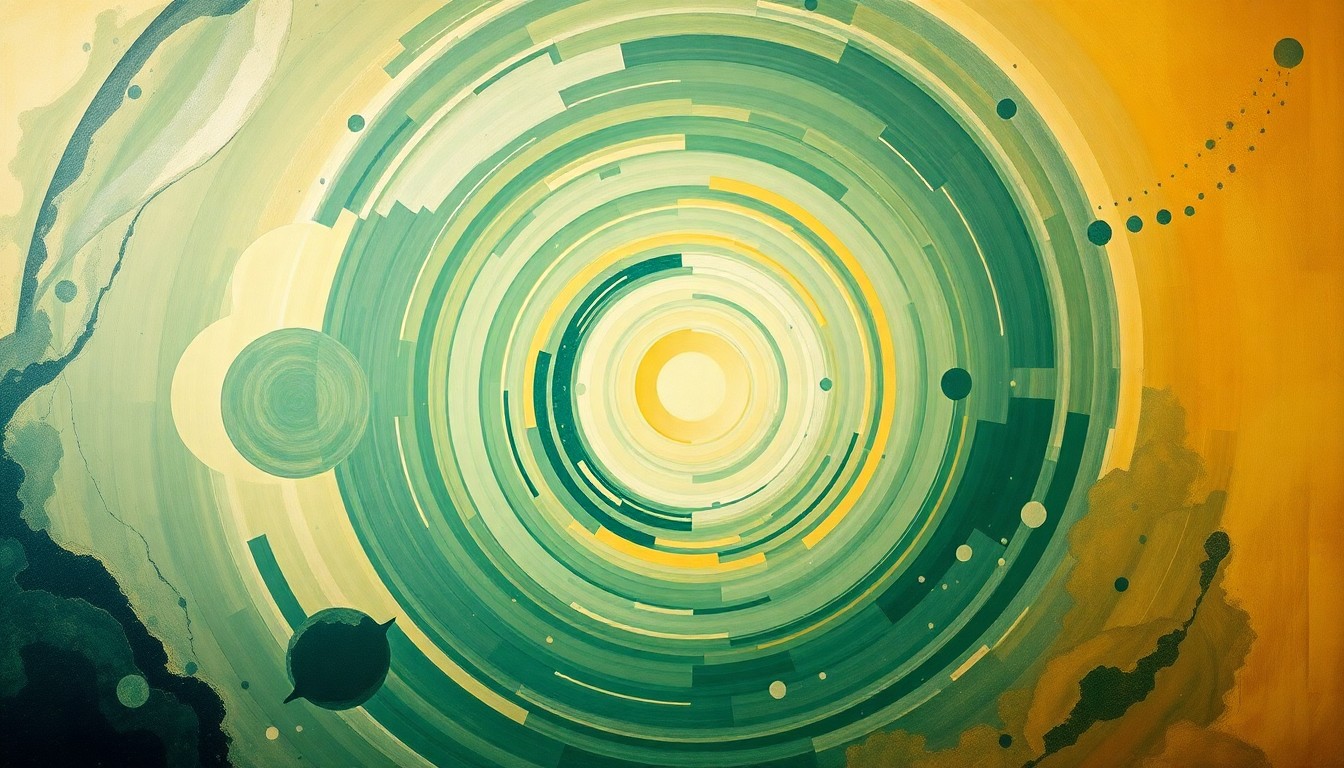 An abstract, highly structured painting in soft, earthy tones of green, blue, and ochre, featuring sweeping geometric arcs, concentric planetary circles, and precise botanical spirals, conceptually representing the complex scientific forces and concepts of the Egg Nebula.