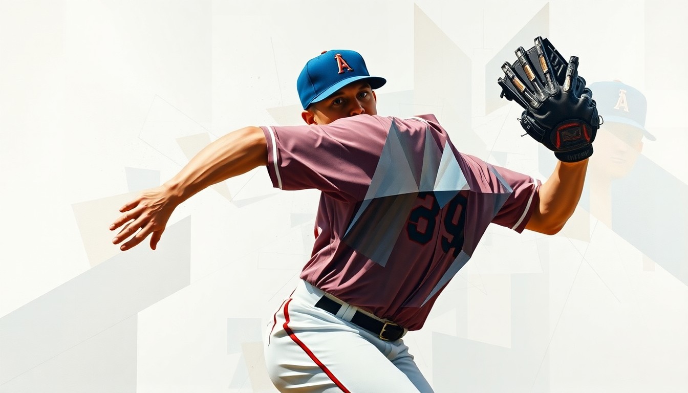 A fractured, geometric painting depicting a baseball pitcher's delivery, with sharp planes and overlapping perspectives conveying the complexity and precision of the motion.