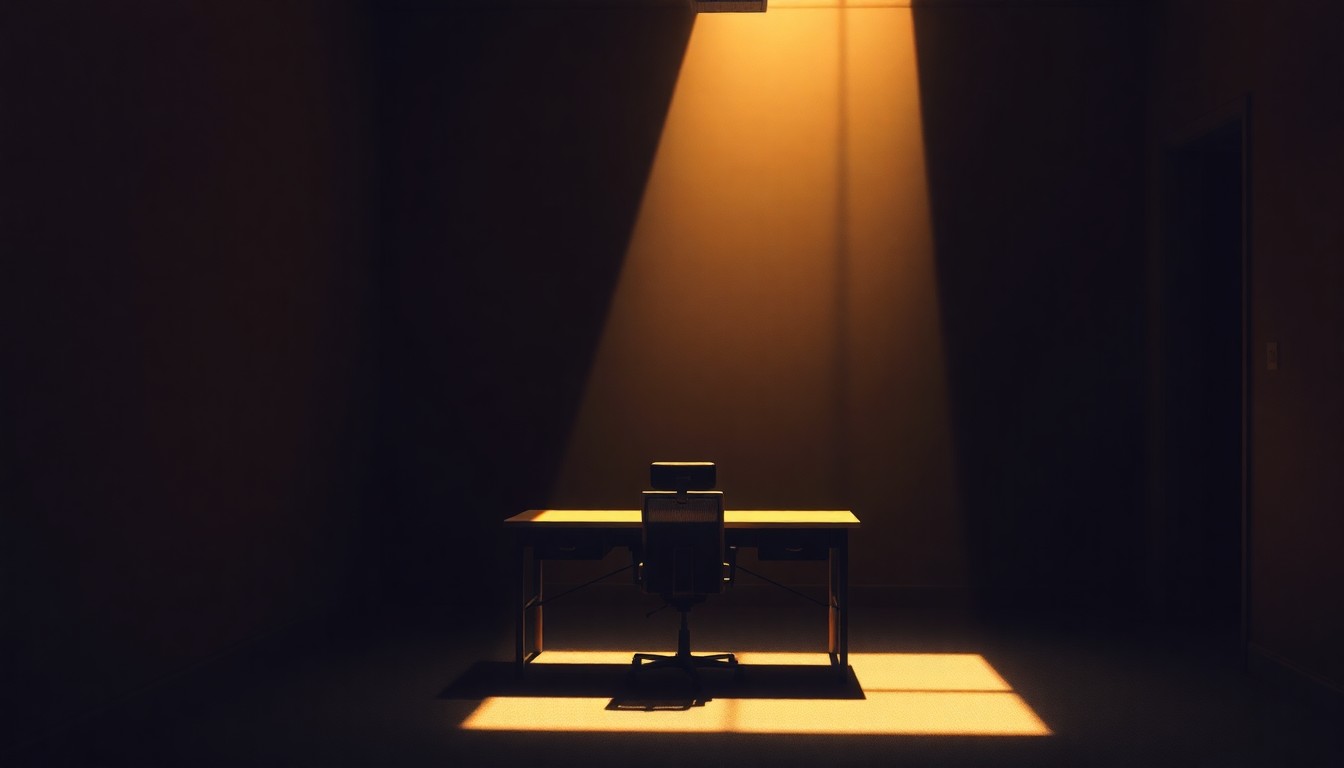A quiet, cinematic painting of a solitary desk and chair in a dimly lit office space, bathed in warm, diagonal sunlight and deep shadows, conveying a sense of melancholy and isolation.