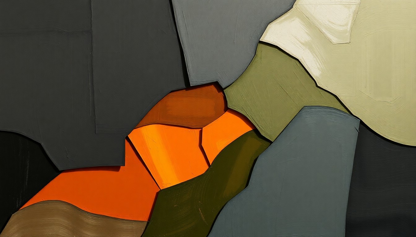 A dynamic, abstract painting with overlapping geometric shapes and waves of dark grey, olive green, and burnt orange, conveying the sense of political tension and polarization surrounding Italy's judicial reform referendum.