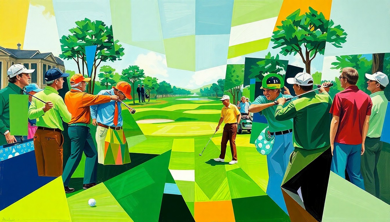 A cubist, geometric painting depicting a fractured, multi-perspective scene of a golf tournament, with the golfers' forms abstracted into angular, overlapping shapes in a vibrant palette of greens, blues, and browns.