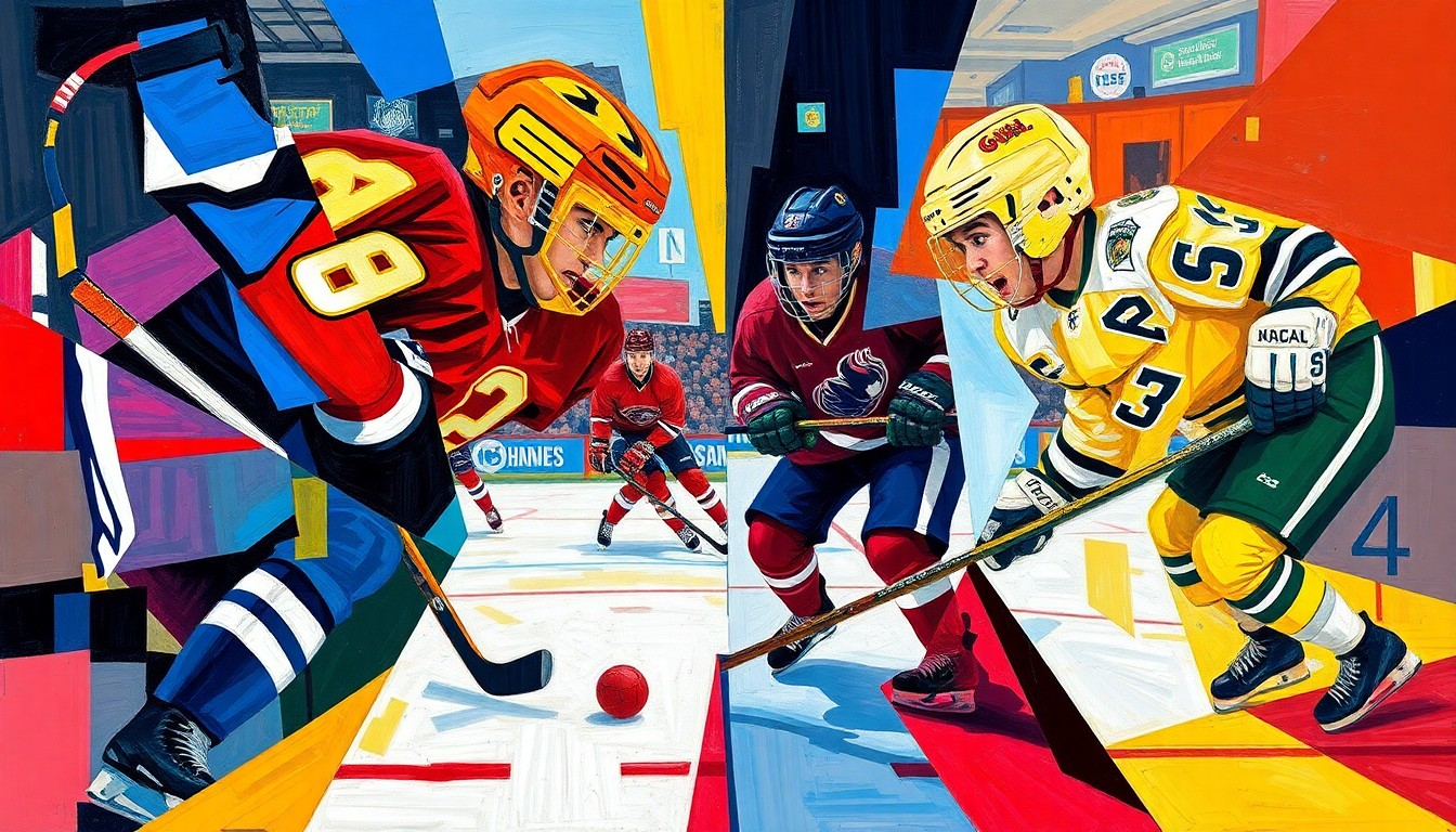 A cubist, geometric painting depicting the action and energy of a college hockey regional final, with overlapping planes of color representing the contrasting styles and strategies of the two teams.