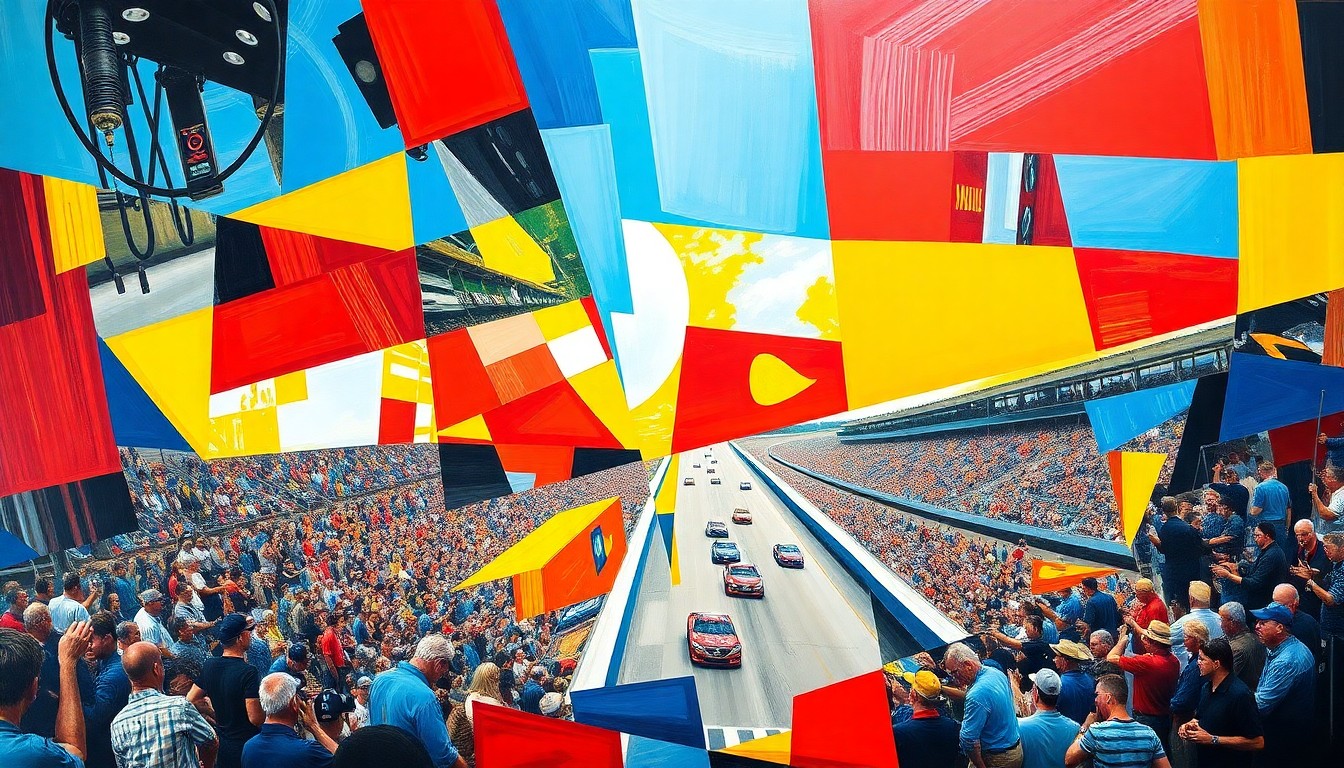 A cubist, geometric painting depicting a NASCAR race at Bristol Motor Speedway, with sharp planes of color and overlapping perspectives capturing the energy and action of the event.
