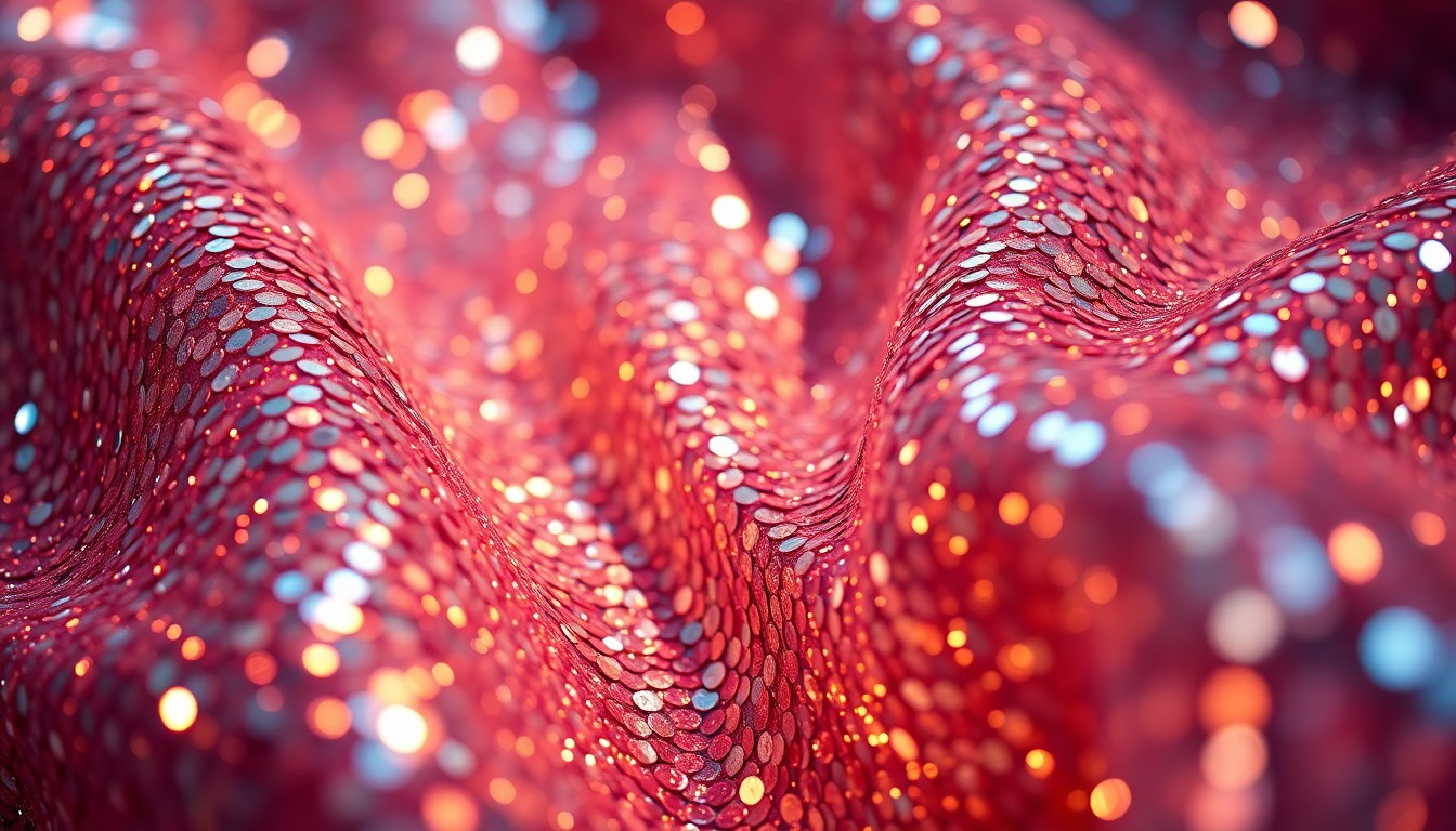 An extreme close-up of shimmering, high-contrast sequins and glittering disco glass textures, conceptually representing the glamour and opulence of a Hollywood red carpet event.