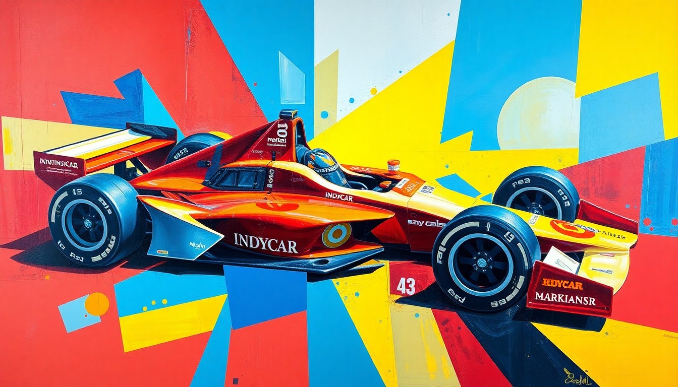 A cubist, geometric painting depicting an INDYCAR race car broken down into overlapping planes of bright red, blue, and yellow, conveying the advanced technology and engineering behind the sport.