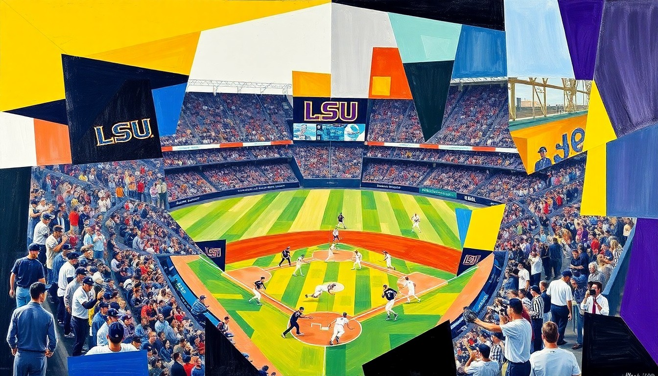 A fractured, geometric painting depicting various moments from a baseball game, including players, basepaths, and defensive positioning, all rendered in Picasso's signature cubist style.