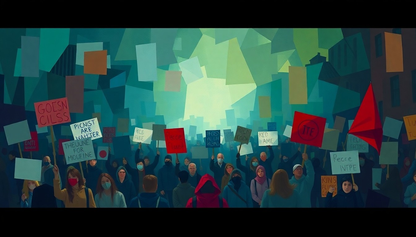 A dynamic, abstract painting of a crowd of protesters in motion, with overlapping, fractured shapes and waves of color representing the energy and momentum of the demonstrations.