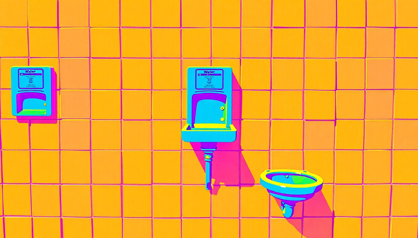 A high-contrast silkscreen print in neon colors depicting multiple water fountains and sinks, representing the critical school infrastructure compromised by the water main failure and the need for resilient public services.