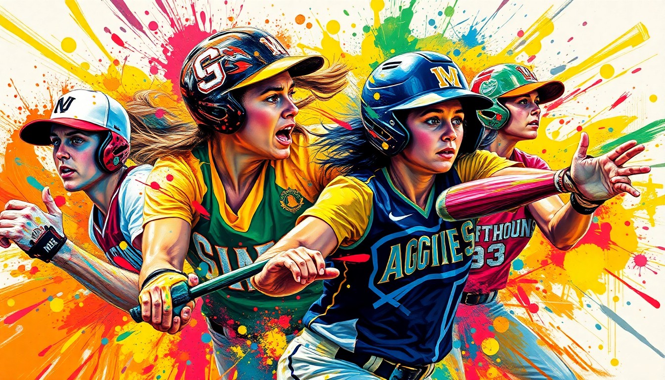 An abstract, expressionist painting in vibrant neon colors depicting the dynamic motion and energy of a softball game, with players' forms dissolving into bold, energetic brushstrokes.