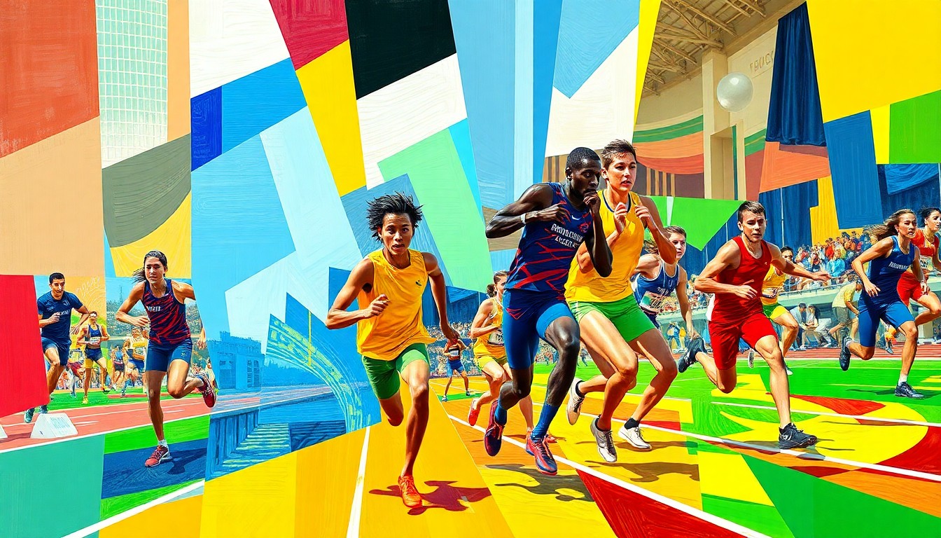 A cubist, geometric painting depicting the dynamic motion and energy of a high school track and field competition, with overlapping planes of vibrant colors representing the athletes' movements.